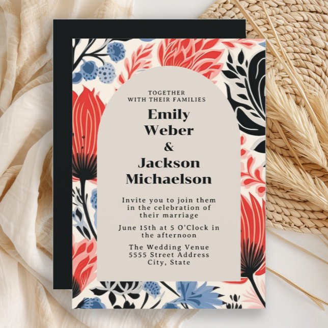 Convites Casamento Arco Creme Vermelho Marinho Moderno  (Red, black, and blue retro-style flowers wedding invitation)