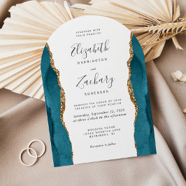Convites Casamento Arco de Ágata Dourada Teal Moderna