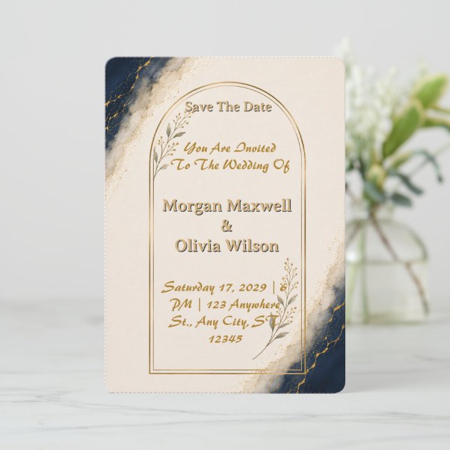 Convites Casamento Arco Dourado Marfim Marinha (Em pé/Frente)