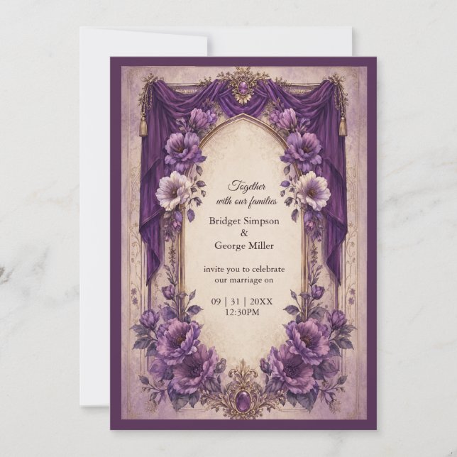 Convites Casamento Arco Drapado Roxo Gótico Medieval (Frente)