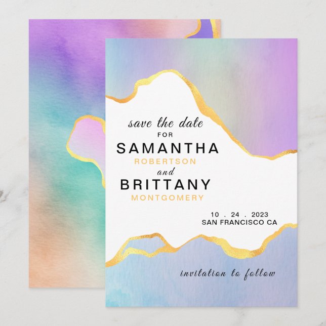 Convites Casamento Arco-Íris LGBT Aquarela Gold Save the Da (Frente/Verso)