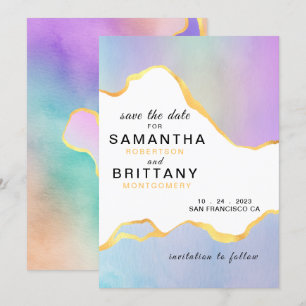 Convites Casamento Arco-Íris LGBT Aquarela Gold Save the Da