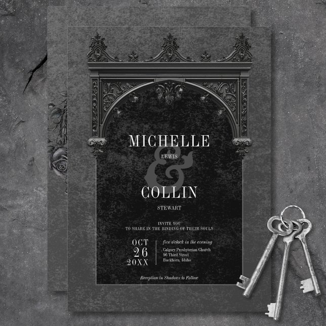 Convites Casamento Arco Preto Gótico e Rosas Negras (Gothic Black Arch & Black Roses Wedding Invitation)