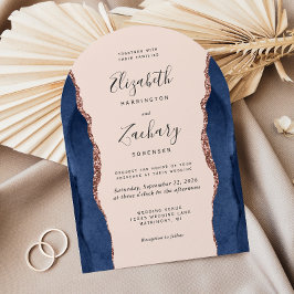 Convites Casamento Arco Rosa Chic Azul Naval Dourado Ágata