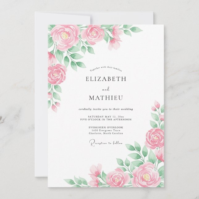 Convites Casamento Arejado de Primavera Rosa Peônia (Frente)