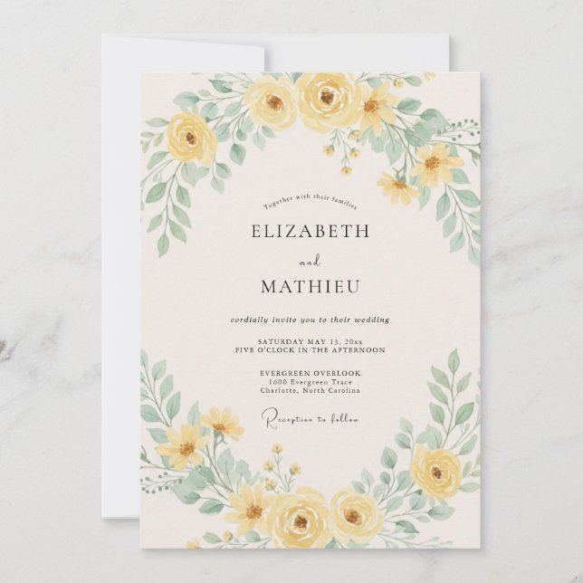 Convites Casamento Arejado de Verão com Amarelo Limão (Frente)