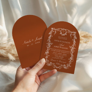 Convites Casamento Arqueado de Terracota Floral Boho Laranj
