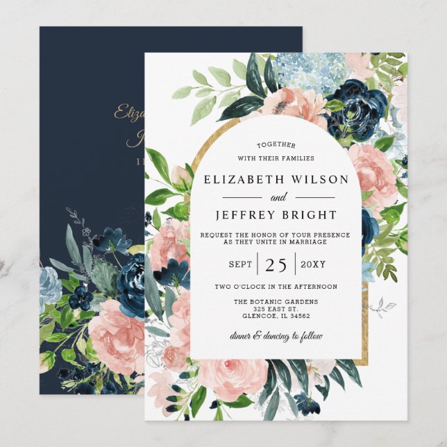 Convites Casamento Arranhado Floral Dourado com Blush de Ma (Frente/Verso)