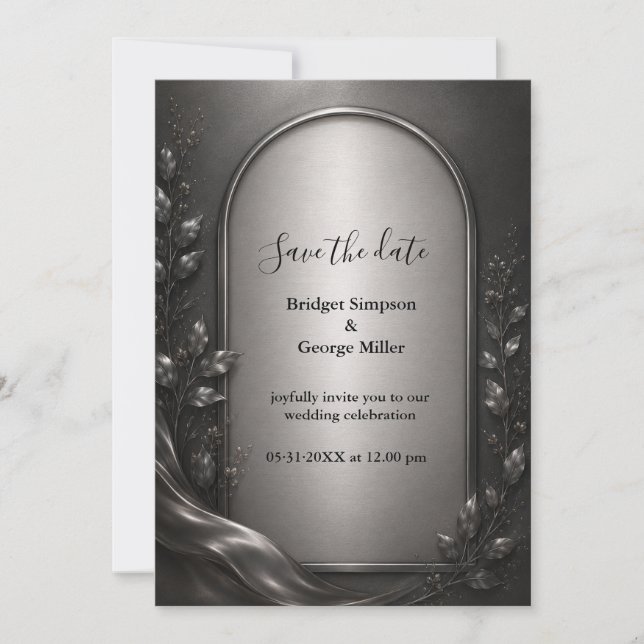Convites Casamento Art Déco com Arco de Metal Cinza Escuro  (Frente)