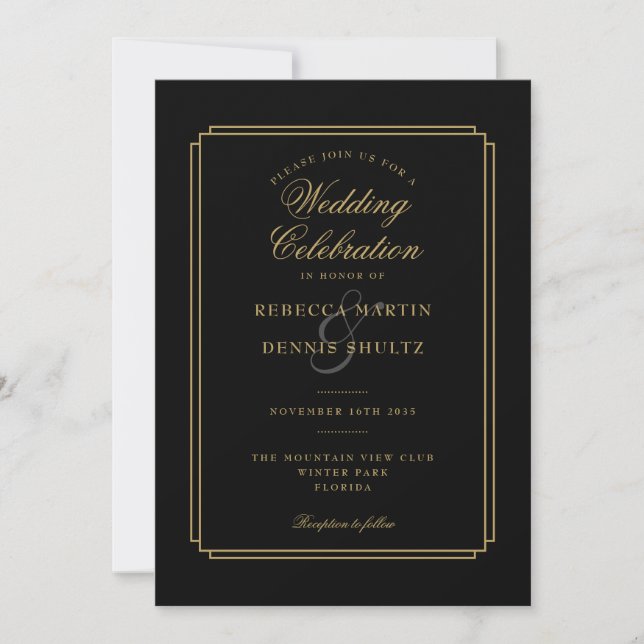 Convites Casamento Art Déco com Letra Preta e Dourada (Frente)