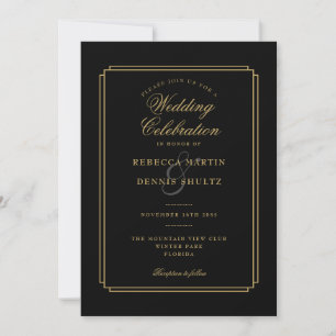 Convites Casamento Art Déco com Letra Preta e Dourada