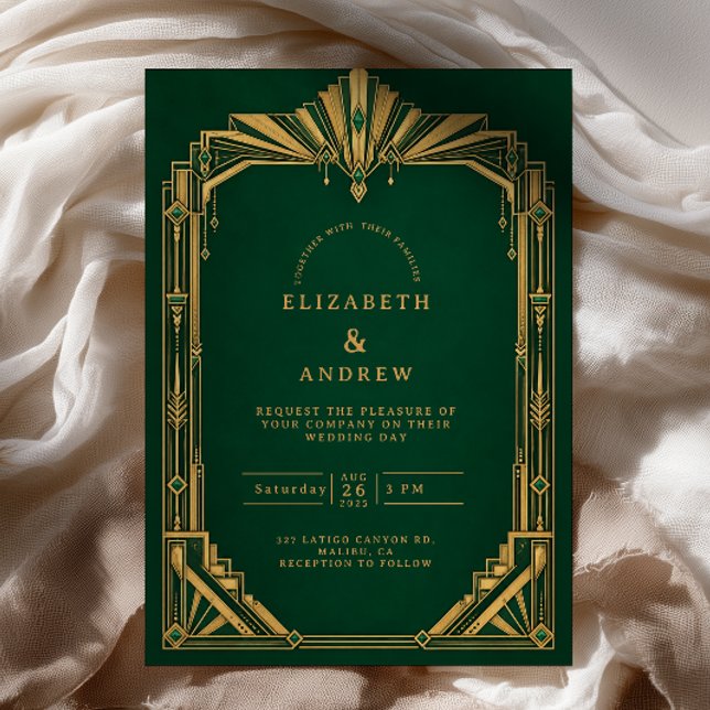 Convites Casamento Art Déco com Ouro Esmeralda (Criador carregado)