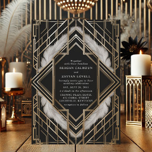 Convites Casamento Art Déco com Pena Preto Dourado Vintage