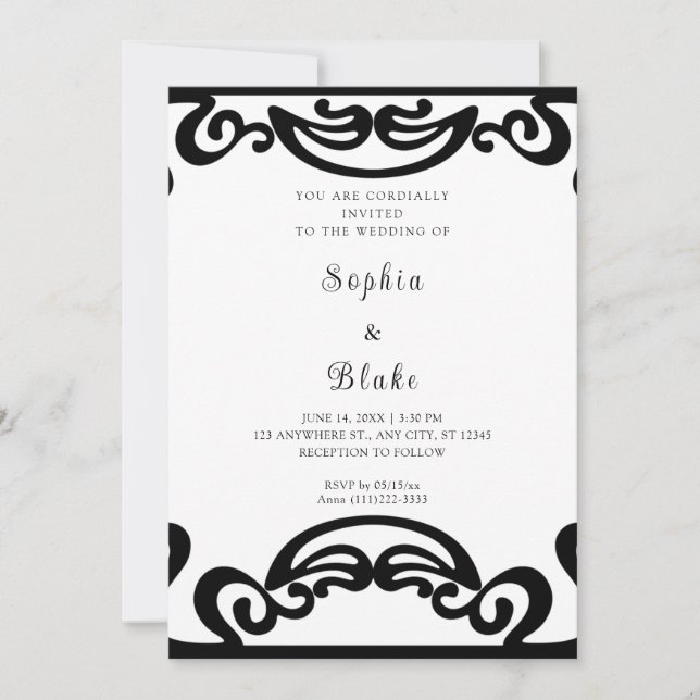 Convites Casamento Art Déco de Luxo Preto e Branco (Frente)