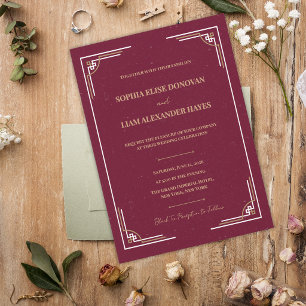 Convites Casamento Art Déco Dourado Borgonha Gravata Preta