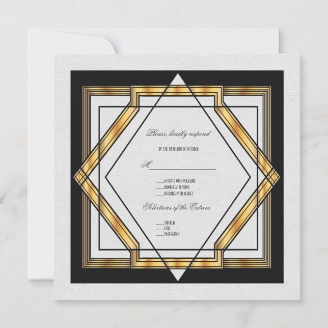 Convites Casamento Art Déco Dourado Branco de Grande Gatsby (Frente)