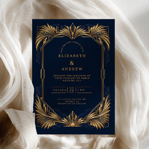Convites Casamento Art Déco Dourado Naval