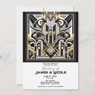 Convites Casamento Art Déco Dourado Preto Branco dos Anos 2
