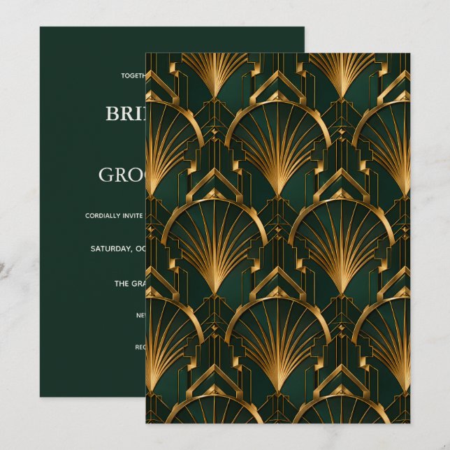 Convites Casamento Art Déco Elegante Esmeralda e Ouro (Frente/Verso)