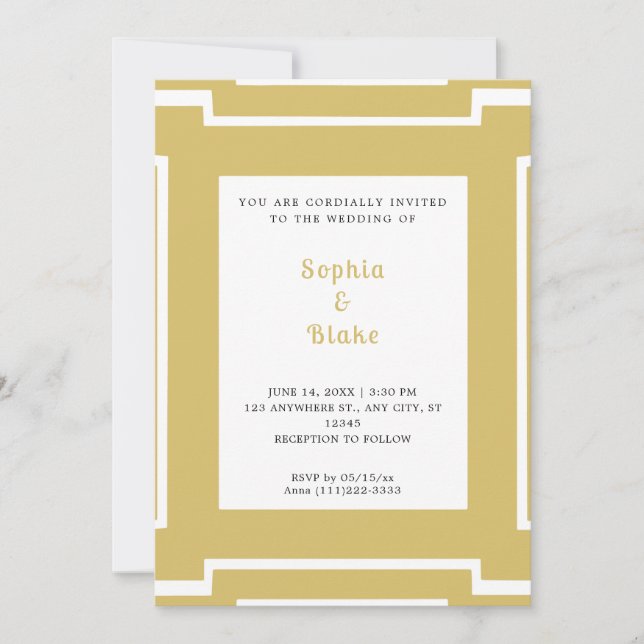 Convites Casamento Art Déco em Dourado e Branco Ousado (Frente)