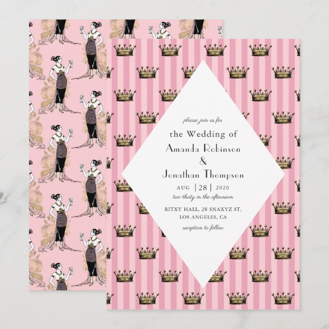 Convites Casamento Art Déco em Paris com Rosa e Dourado (Frente/Verso)
