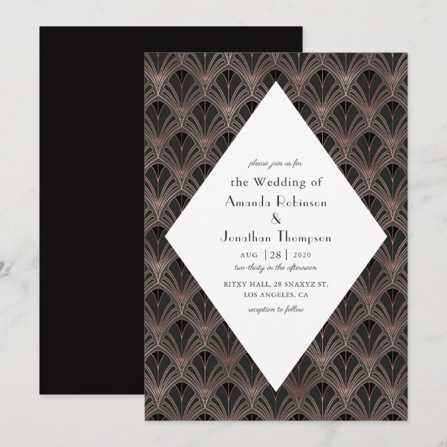 Convites Casamento Art Déco em Rosa Dourado e Preto (Frente/Verso)