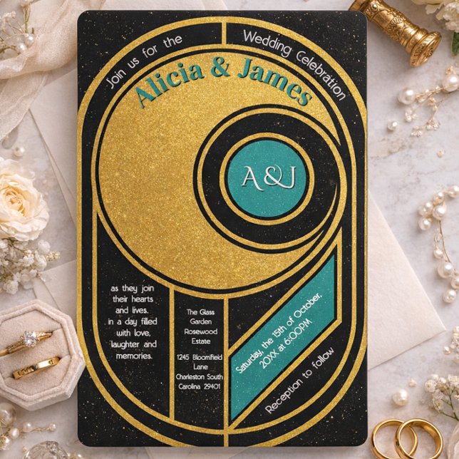 Convites Casamento Art Deco Glam Dourado & Azul Turquesa Gr (Criador carregado)