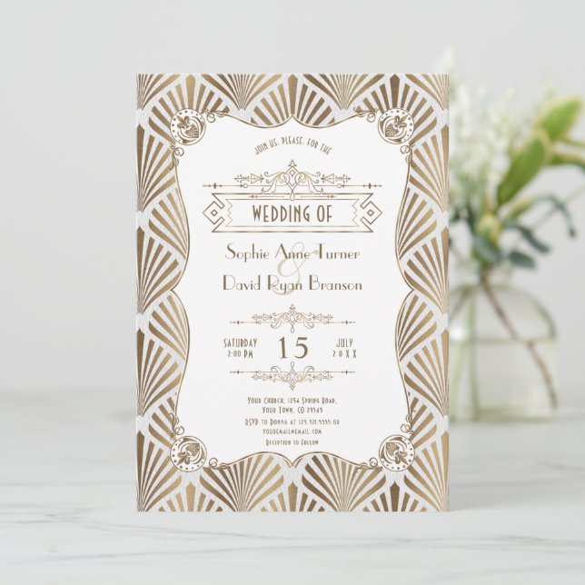 Convites Casamento Art Deco Ouro Branco Gatsby Branco Anos  (Em pé/Frente)