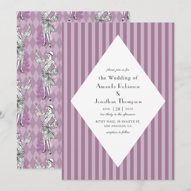 Convites Casamento Art Déco Paris Rosa e Roxo (Frente/Verso)