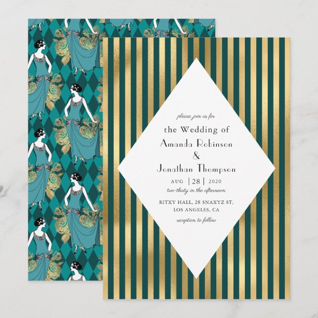 Convites Casamento Art Déco Paris Turquesa e Dourado (Frente/Verso)