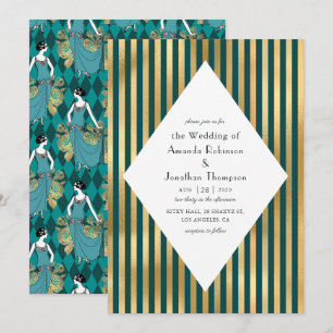 Convites Casamento Art Déco Paris Turquesa e Dourado