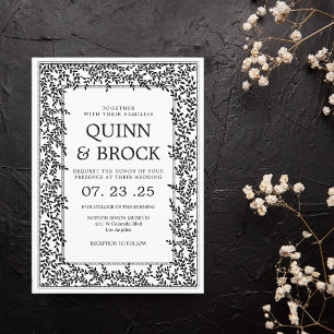 Convites Casamento Art Déco Preto e Branco com Folhagem