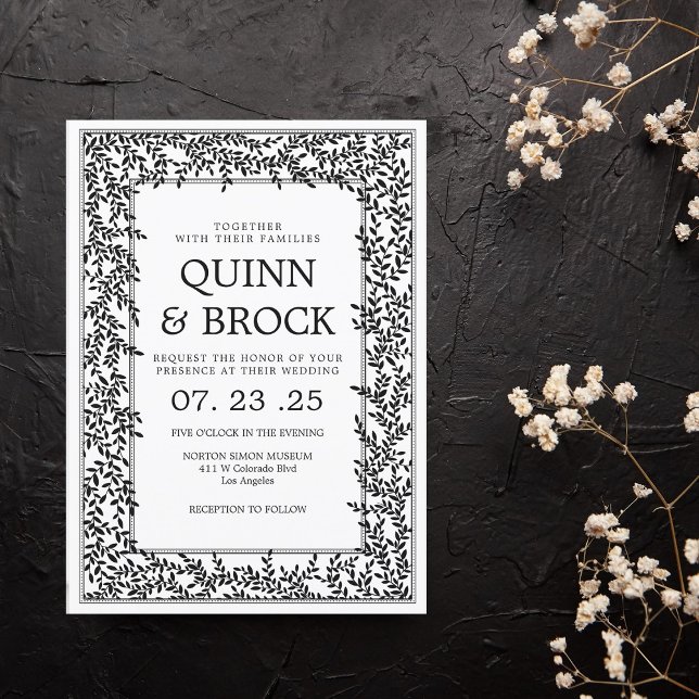 Convites Casamento Art Déco Preto e Branco com Folhagem (Criador carregado)