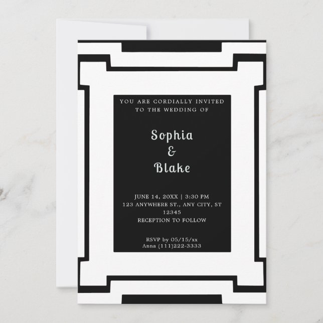 Convites Casamento Art Déco Preto e Branco Ousado (Frente)