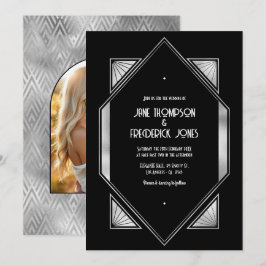 Convites Casamento Art Déco Preto e Prata Moderno Gatsby