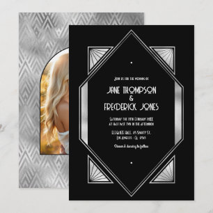 Convites Casamento Art Déco Preto e Prata Moderno Gatsby