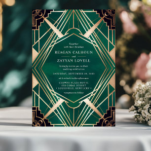 Convites Casamento Art Déco Verde Esmeralda e Dourado