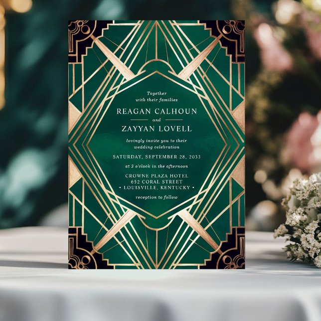 Convites Casamento Art Déco Verde Esmeralda e Dourado (Criador carregado)