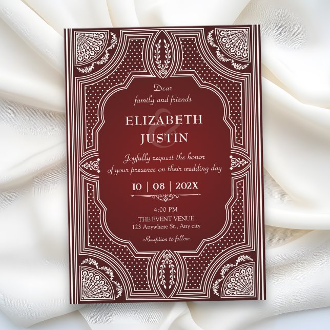 Convites Casamento art déco vintage grená vermelho  (Criador carregado)