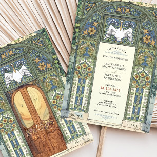 Convites Casamento Art Nouveau Azul, Dourado, Arco Verde