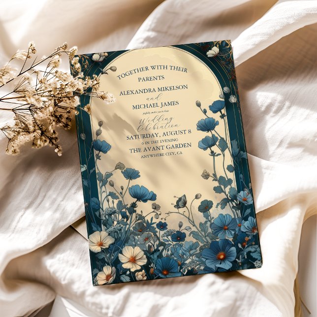 Convites Casamento Art Nouveau Azul Marinho (Criador carregado)