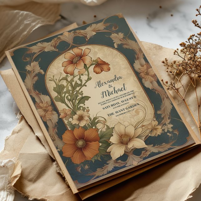 Convites Casamento Art Nouveau com Bugainvileia Vintage (Criador carregado)