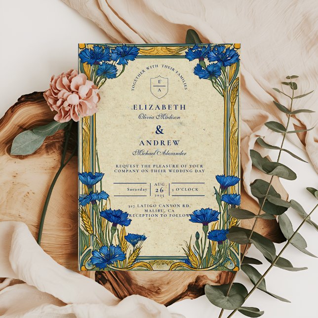 Convites Casamento Art Nouveau com Centáurea Azul (Criador carregado)