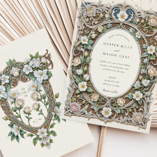 Convites Casamento Art Nouveau com Rosas Brancas Luxuosas