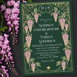 Convites Casamento Art Nouveau Dourado com Wisteria Rosa