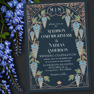 Convites Casamento Art Nouveau em Rosa Dourado com Wisteria