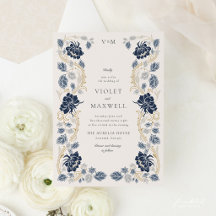 Casamento Art Nouveau Floral Azul Naval Dourado