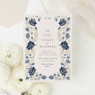 Convites Casamento Art Nouveau Floral Azul Naval Dourado