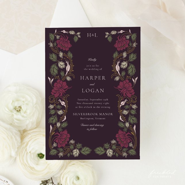 Convites Casamento Art Nouveau Floral Borgonha (Burgundy Floral Art Nouveau Wedding Invitation)