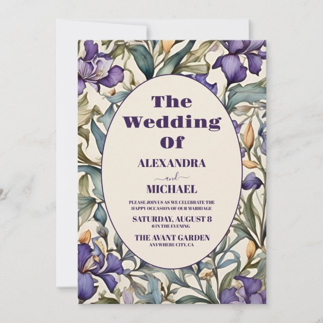 Convites Casamento Art Nouveau Íris Roxa (Frente)